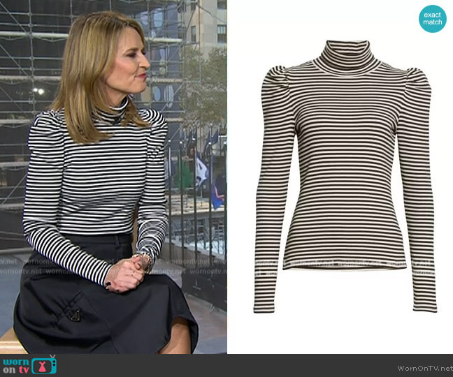 Veronica Beard Cedar Stripe Puff Sleeve Turtleneck Rib Top worn by Savannah Guthrie on E! News