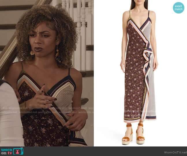 Veronica Beard Marga Bi-Printed Silk-Blend Midi-Dress worn by Patience (Chelsea Tavares) on All American
