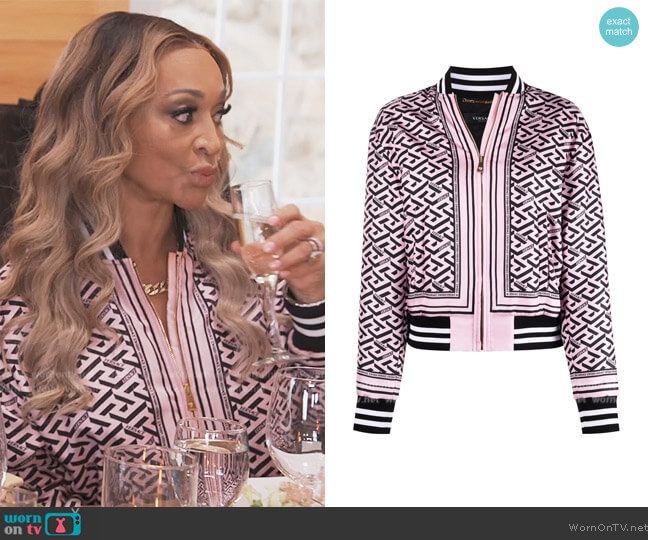Versace La Greca silk bomber jacket worn by Karen Huger on The Real Housewives of Potomac
