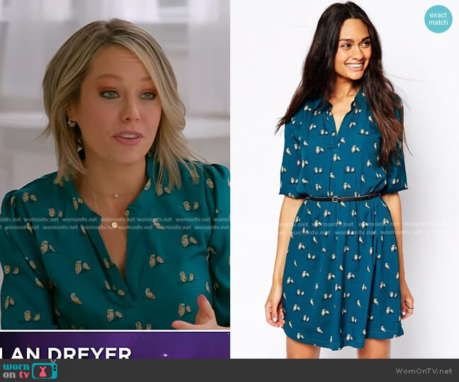 Yumi Belted Dress in Silver Twin Owl Print worn by Dylan Dreyer on Today