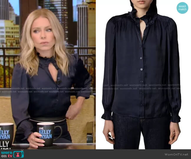Zadig & Voltaire Tacca Satin Ruffle Button-Up Blouse worn by Kelly Ripa on Live with Kelly and Mark