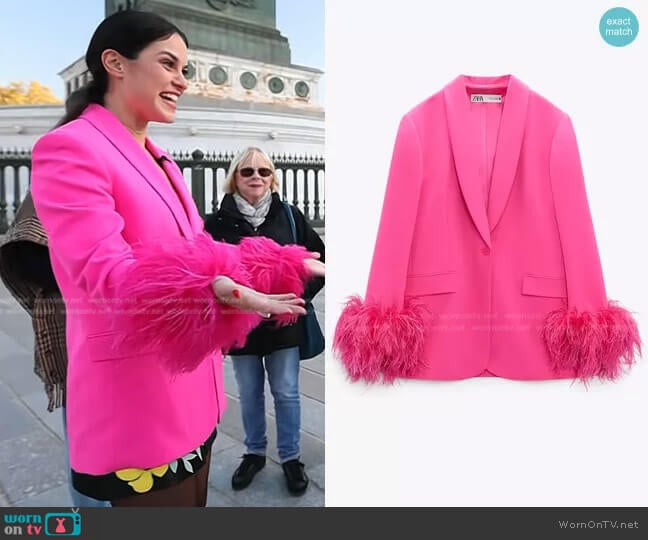 Zara Straight Cut Feather Blazer worn by Donna Farizan on Today