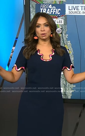Adelle’s navy swirl trim dress on Today