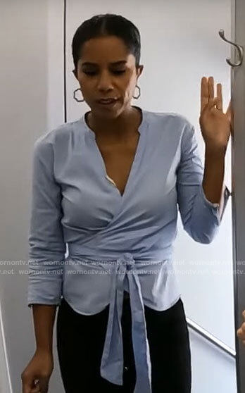 Adriana Diaz’s blue wrap top on CBS Mornings