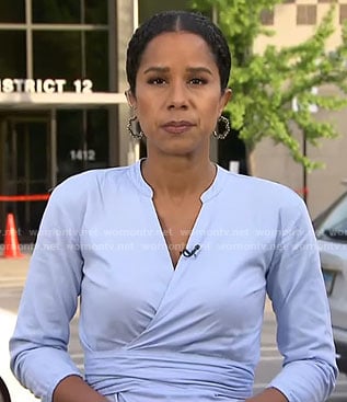Adriana Diaz’s blue wrap top on CBS Mornings