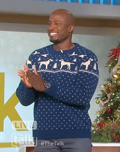 Akbar’s blue fair isle print sweater on The Talk