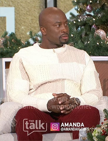 Akbar’s patchwork cable knit sweater on The Talk