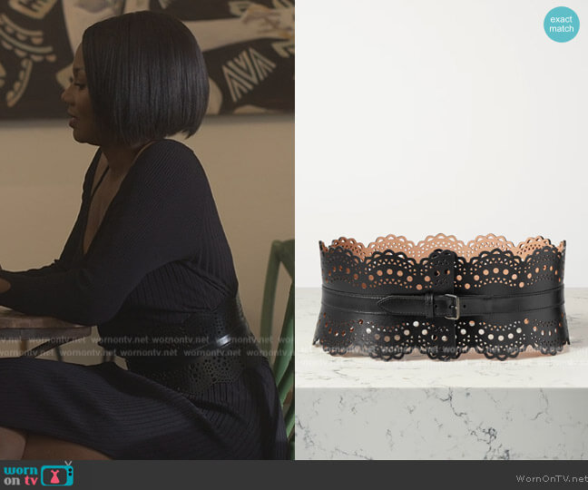 Alaia Laser-cut leather waist belt worn by Jax Stewart (Emayatzy Corinealdi) on Reasonable Doubt