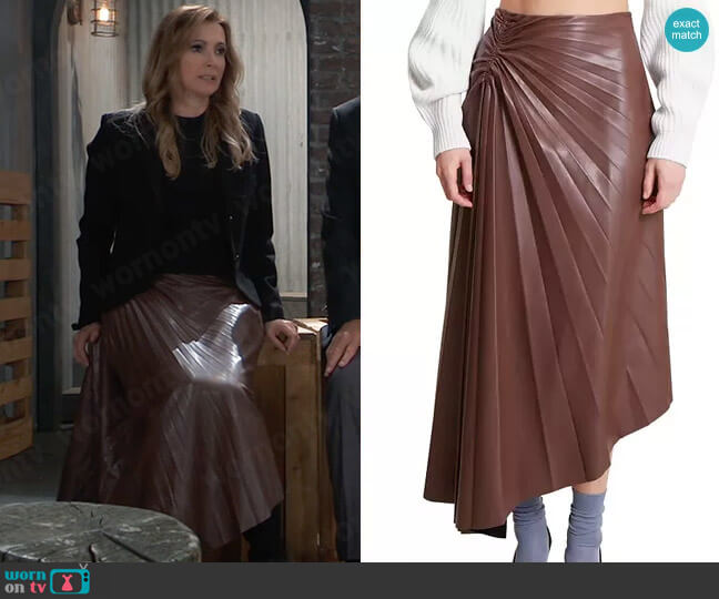 A.L.C. Tracy Faux Leather Skirt in Caffe worn by Holly Sutton (Emma Samms) on General Hospital