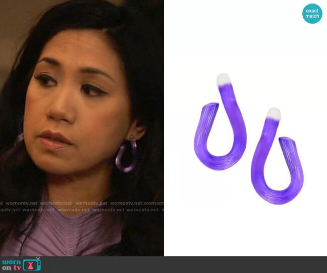 Alexis Bittar Lucite Twist Hoop Earrings in Electric Purple worn by Melody Bayani (Liza Lapira) on The Equalizer