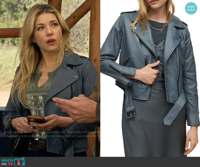 All Saints Balfern Jacket in Bluebell Blue worn by Jenny Hoyt (Katheryn Winnick) on Big Sky