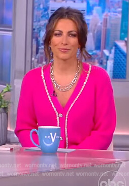 Alyssa’s pink metallic trim cardigan on The View