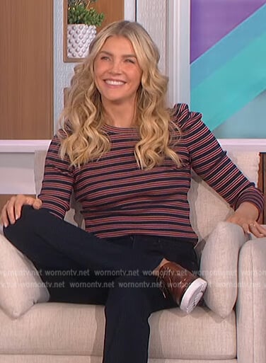 Amanda’s blue stripe puff shoulder top on The Talk