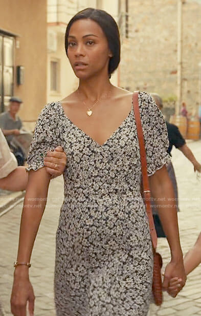 Amy’s blue and white floral v-neck dress on From Scratch