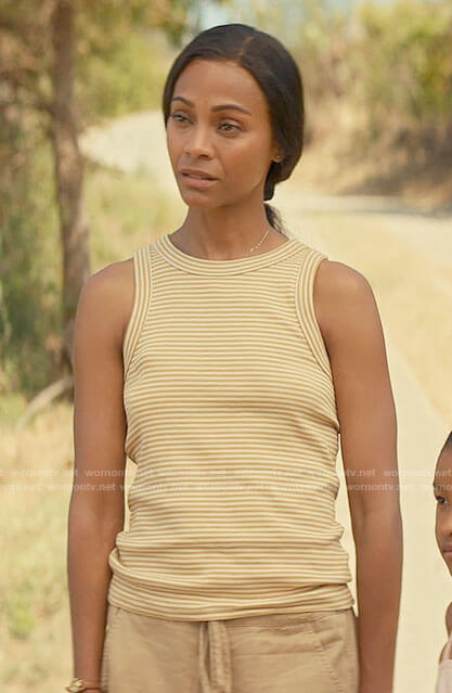 Amy’s yellow striped tank top on From Scratch