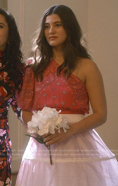 Ana’s pink bandana print one-shoulder dress on Monarch
