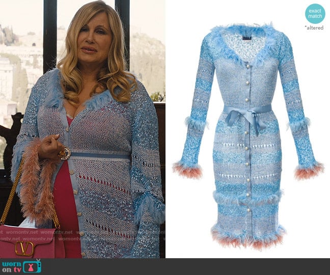 Andreeva Blue Handmade Knit Cardigan-Dress With Pearl Buttons worn by Tanya McQuoid (Jennifer Coolidge) on The White Lotus
