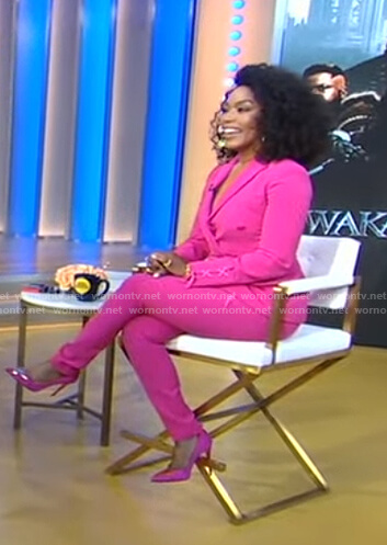 Angela Bassett’s pink lace-up blazer and pants on Good Morning America
