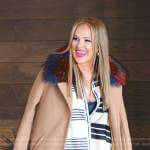 Angie’s white striped shirt and brown coat on The Real Housewives of Salt Lake City
