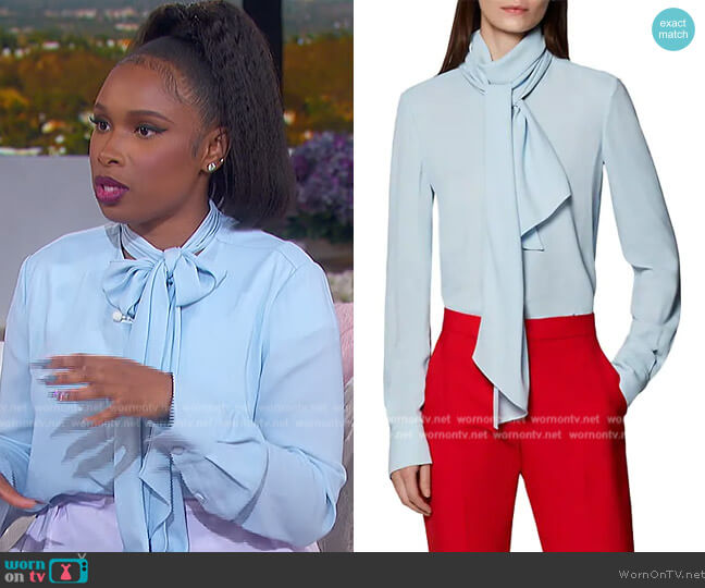Another Tomorrow Core Self-Tie Neck Blouse worn by Jennifer Hudson on The Jennifer Hudson Show