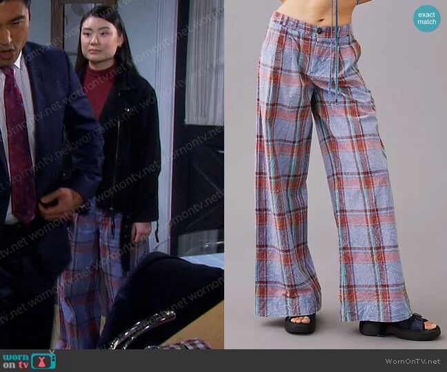 Anthropologie Plaid Wide-Leg Trousers in Purple worn by Wendy Shin (Victoria Grace) on Days of our Lives
