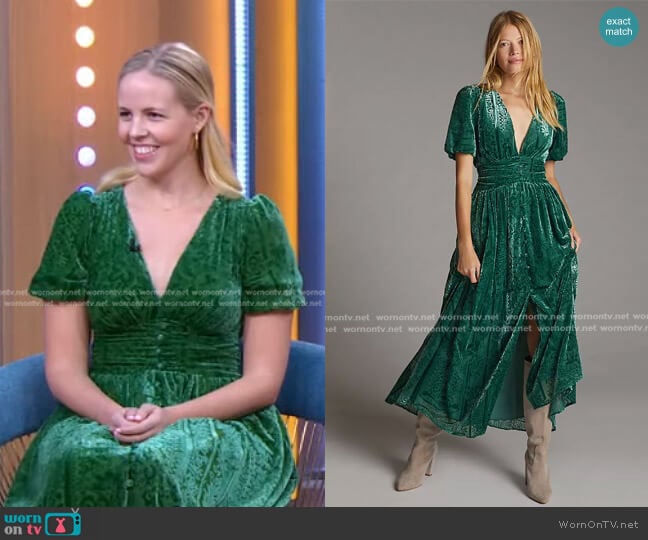 Anthropologie Puff-Sleeved Burnout Velvet Maxi Dress worn by Audrey Elledge on Good Morning America