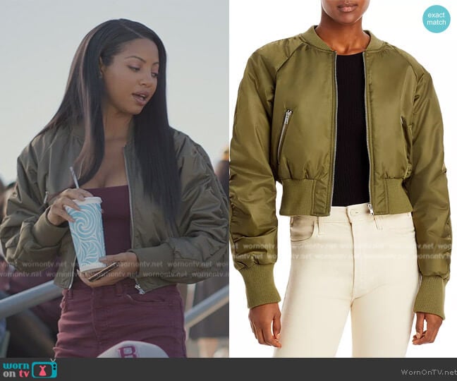 Aqua Deena Nylon Bomber Jacket worn by Thea (Camille Hyde) on All American Homecoming