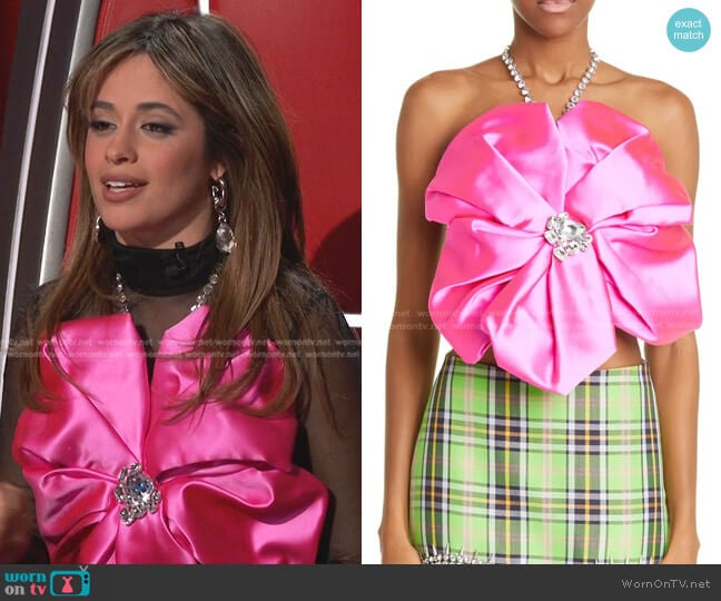 Area Crystal Embellished Satin Rosette Halter Top worn by Camila Cabello on The Voice