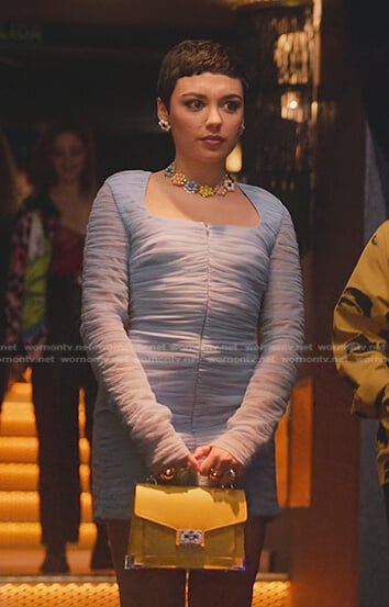 Ari’s blue ruched mini dress on Elite
