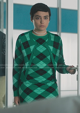 Ari’s green argyle dress and cardigan on Elite