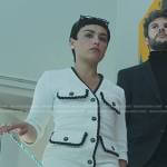 Ari’s white scalloped trim tweed dress on Elite