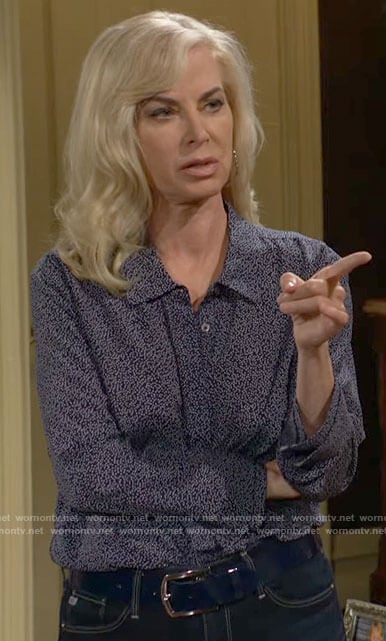 Ashley’s blue dotted print button down blouse on The Young and the Restless