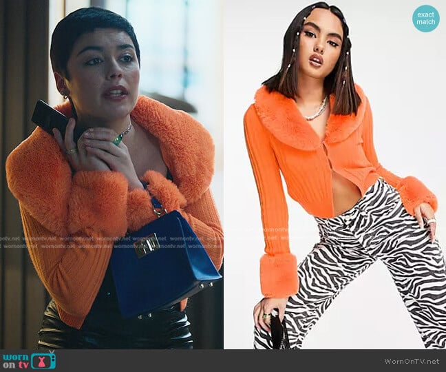 Collusion Fur Trim Cardigan in orange worn by Ari Blanco (Carla Diaz) on Elite