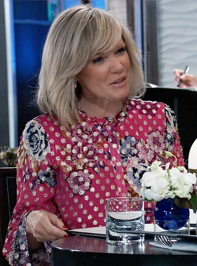 Ava’s pink floral blouse with metallic dots on General Hospital
