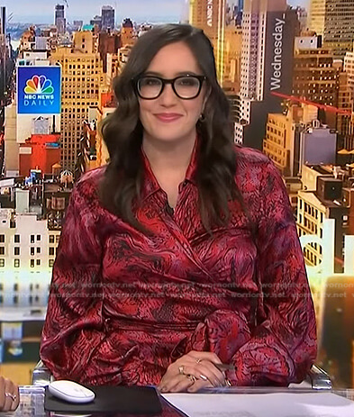 Savannah Sellers’s red printed satin wrap dress on NBC News Daily