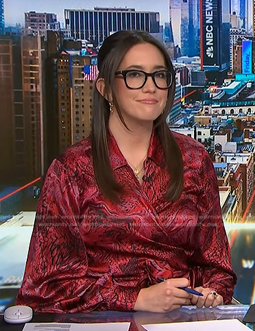 Savannah Sellers’s red printed satin wrap dress on NBC News Daily