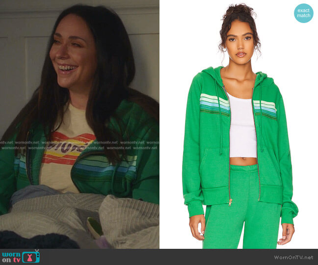 Aviator Nation 5 Stripe Zip Hoodie in Kelly Green & Blue worn by Maddie Kendall (Jennifer Love Hewitt) on 9-1-1