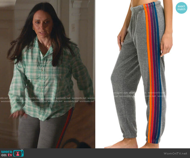 Aviator Nation 5 Stripe Sweatpants in Heather Grey/Purple Orange worn by Maddie Kendall (Jennifer Love Hewitt) on 9-1-1