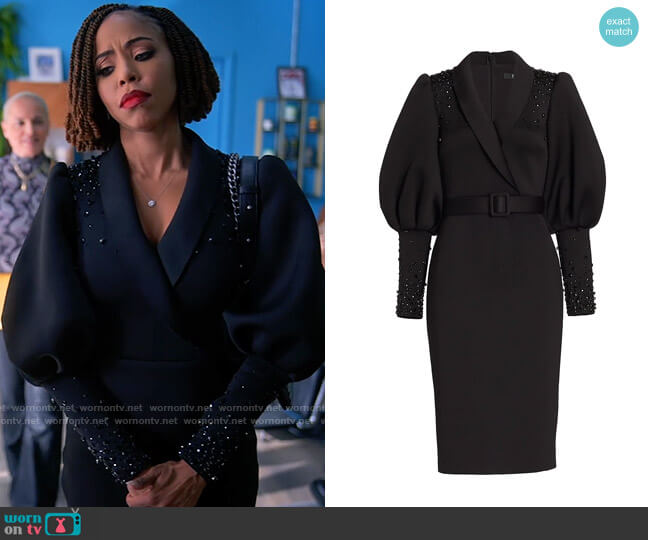 Badgley Mischka Scuba Embellished Coat Dress worn by Andrea Barnes (Kj Smith) on Tyler Perrys Sistas