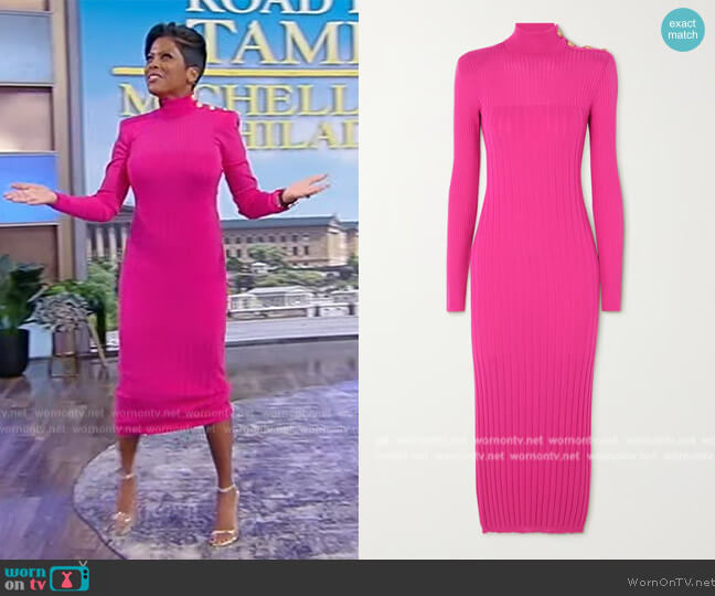 Balmain Button-embellished ribbed wool midi dress worn by Tamron Hall on Tamron Hall Show