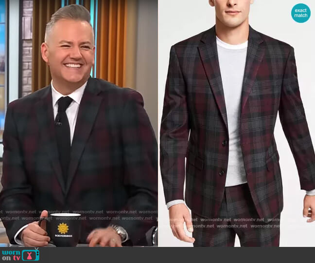 Bar III Slim-Fit Burgundy Plaid Suit Jacket worn by Ross Mathews on CBS Mornings