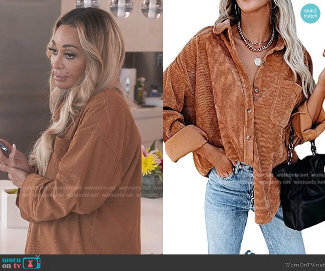 Bditanle Store Corduroy button Down Shacket worn by Karen Huger on The Real Housewives of Potomac