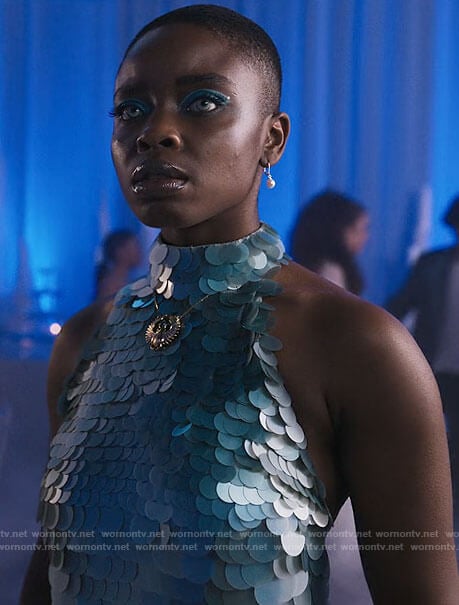 Bianca’s blue sequin halter dress on Wednesday