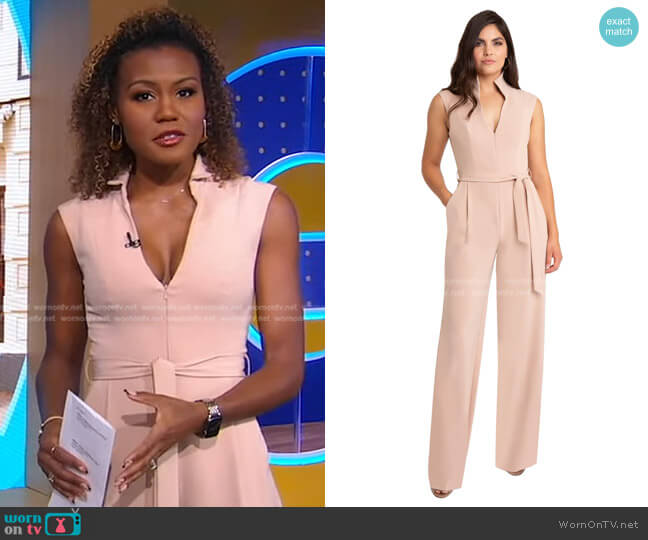 Black Halo Brittan Jumpsuit in  Desert Sand worn by Janai Norman on Good Morning America
