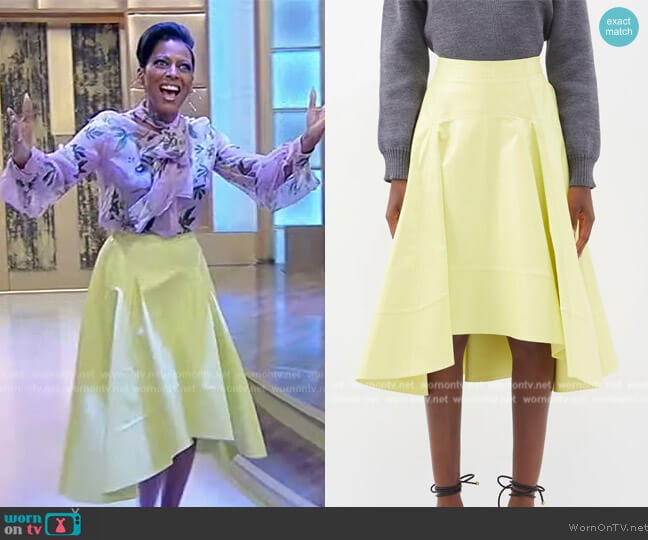 Bottega Veneta Asymmetric-hem leather midi skirt worn by Tamron Hall on Tamron Hall Show