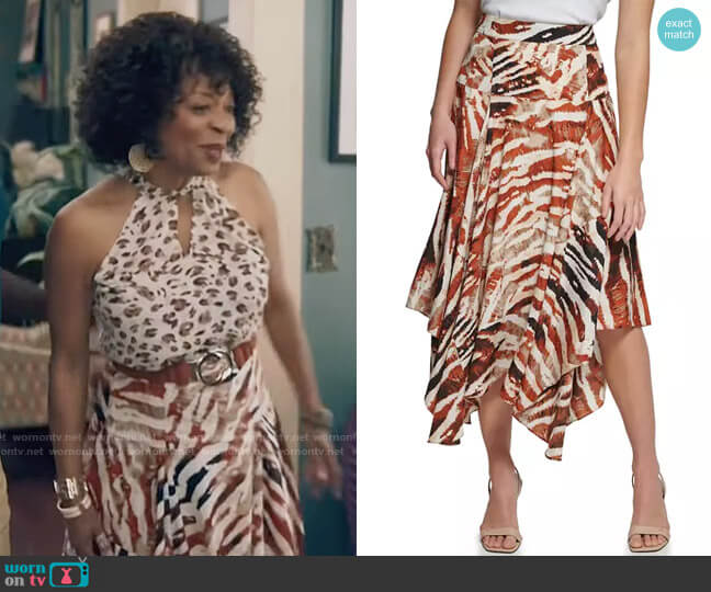 Calvin Klein Handkerchief Hem Pull On Skirt in Terracotta Multi worn by Violet Bordelon (Tina Lifford) on Queen Sugar
