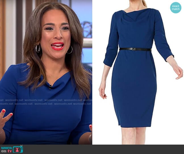 Calvin Klein Three Quarter Sleeve Belted Cowl Neck Sheath Dress worn by Michelle Miller on CBS Mornings