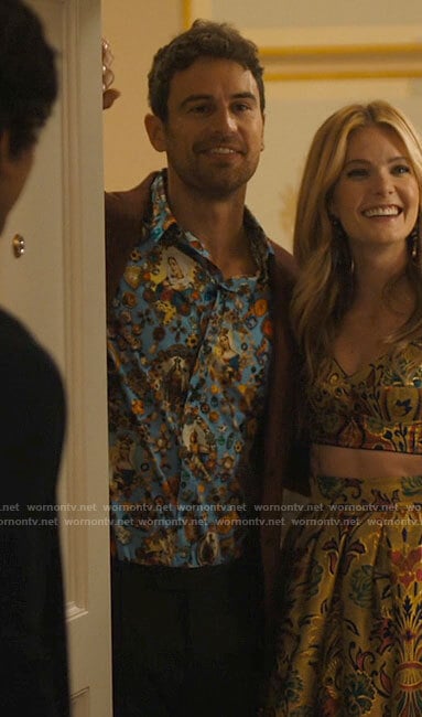 Cameron’s blue jewel print shirt on The White Lotus