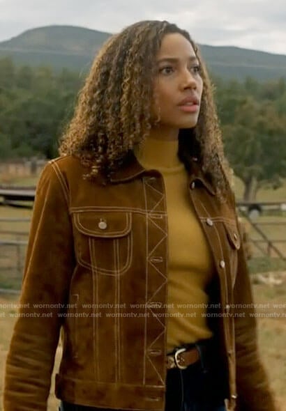 Cassie’s brown suede trucker jacket on Big Sky