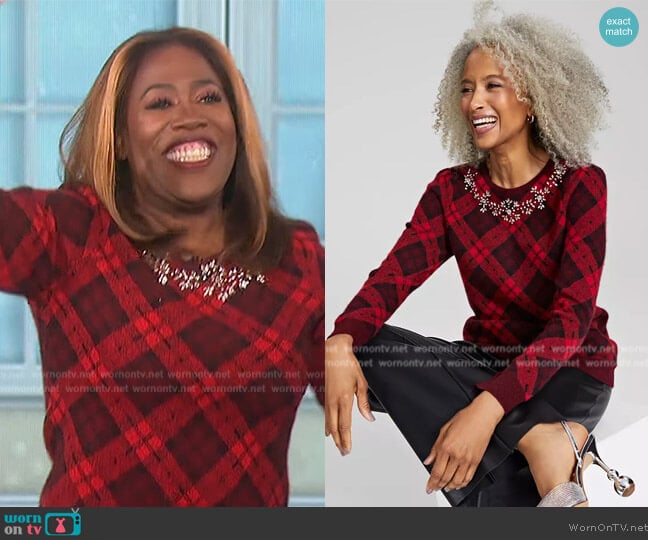Charter Club Cashmere Embellished Plaid Sweater worn by Sheryl Underwood on The Talk